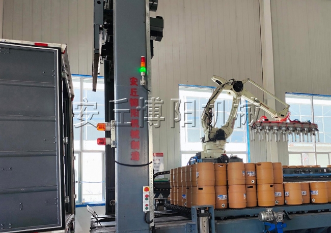 圓桶全自動(dòng)裝車機(jī)自動(dòng)化解決方案（桶、箱、袋均可）